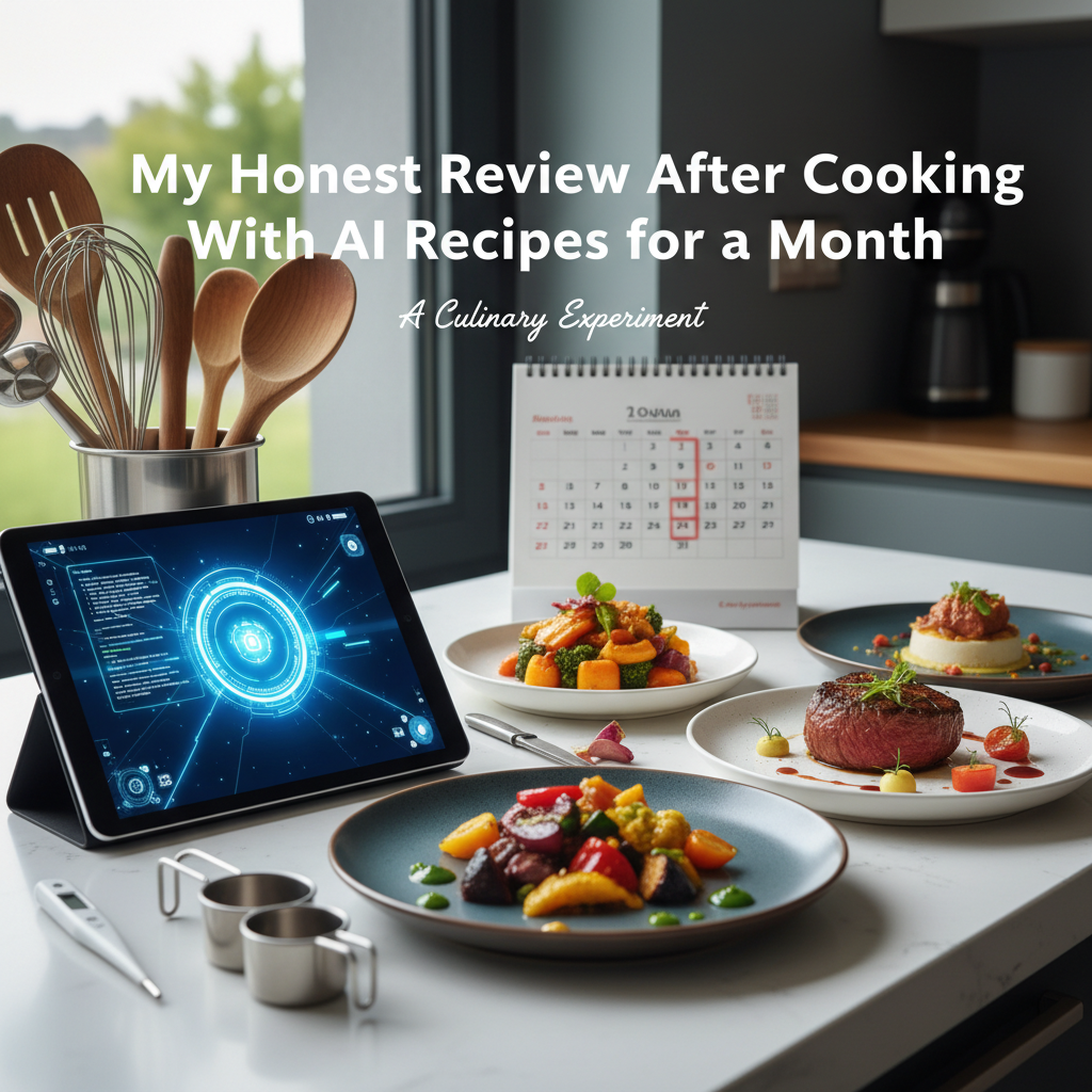 Professional blog header image for article titled: My Honest Review After Cooking With AI Recipes for a Month. High quality, relevant imagery, clean composition.