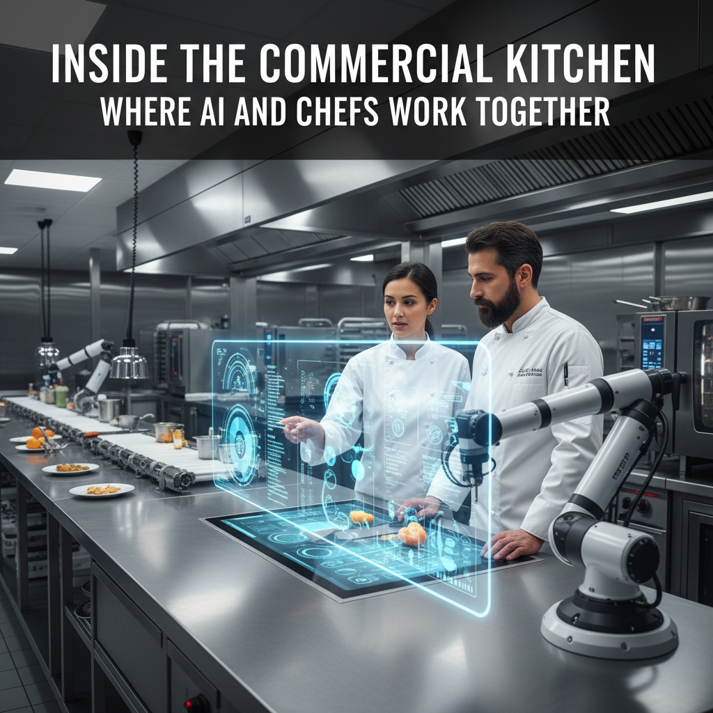 Professional blog header image for article titled: Inside the Commercial Kitchen Where AI and Chefs Work Together. High quality, relevant imagery, clean composition.