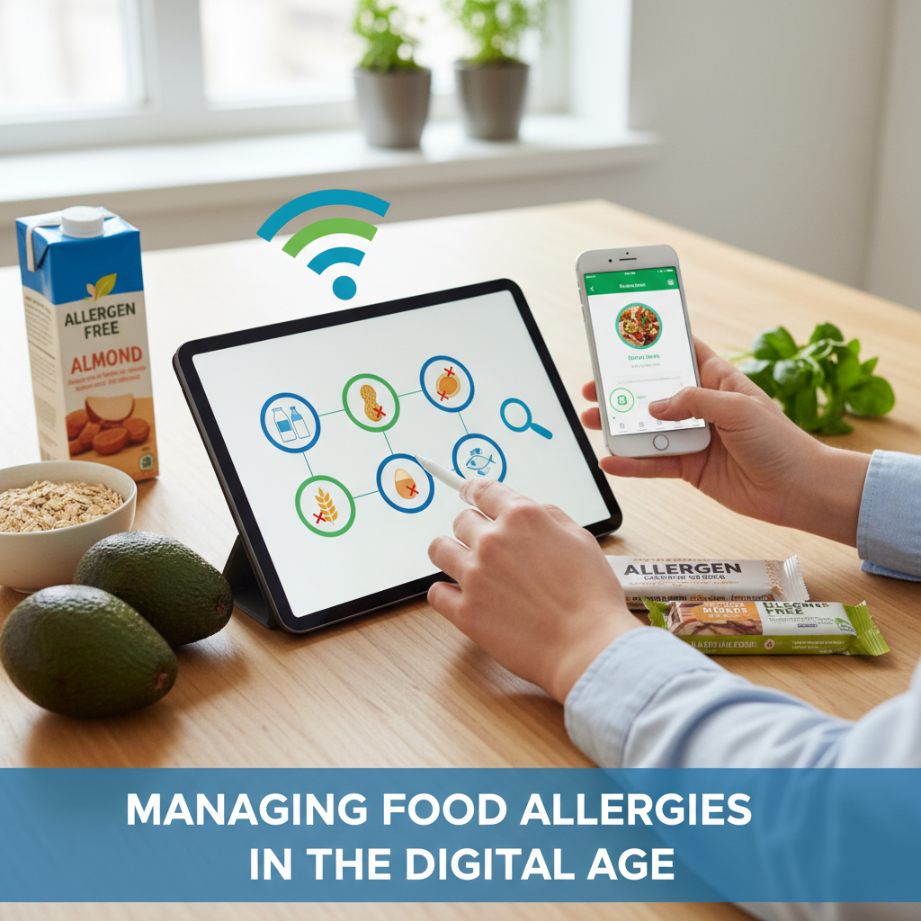 Professional blog header image for article titled: Managing Food Allergies in the Digital Age. High quality, relevant imagery, clean composition.
