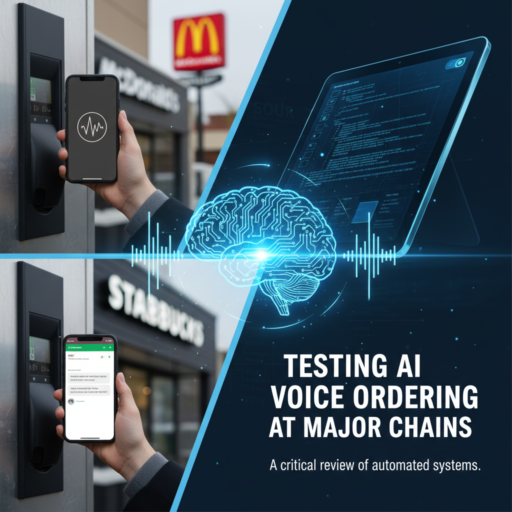 Professional blog header image for article titled: Testing AI Voice Ordering at Major Chains. High quality, relevant imagery, clean composition.