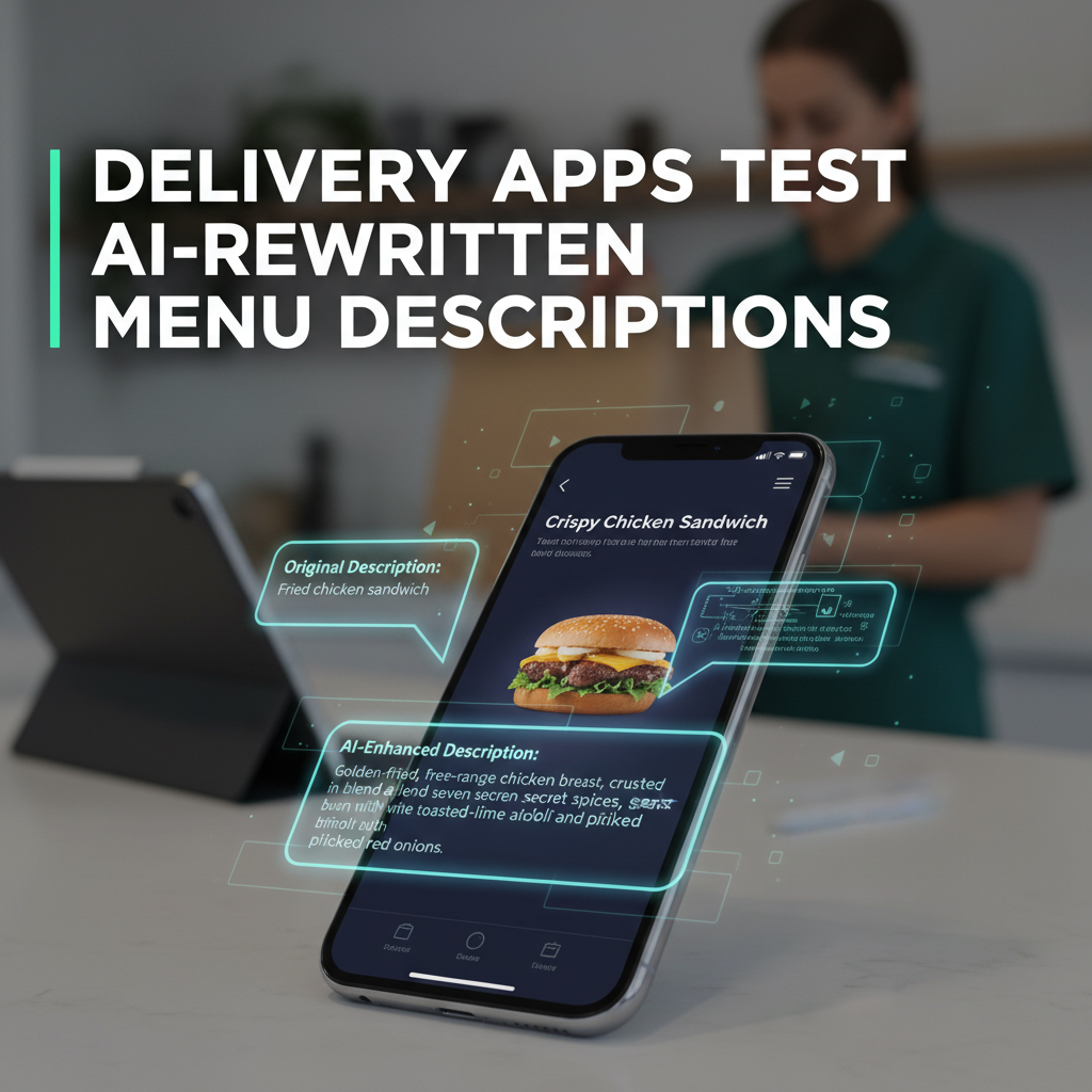Professional blog header image for article titled: Delivery Apps Test AI-Rewritten Menu Descriptions. High quality, relevant imagery, clean composition.