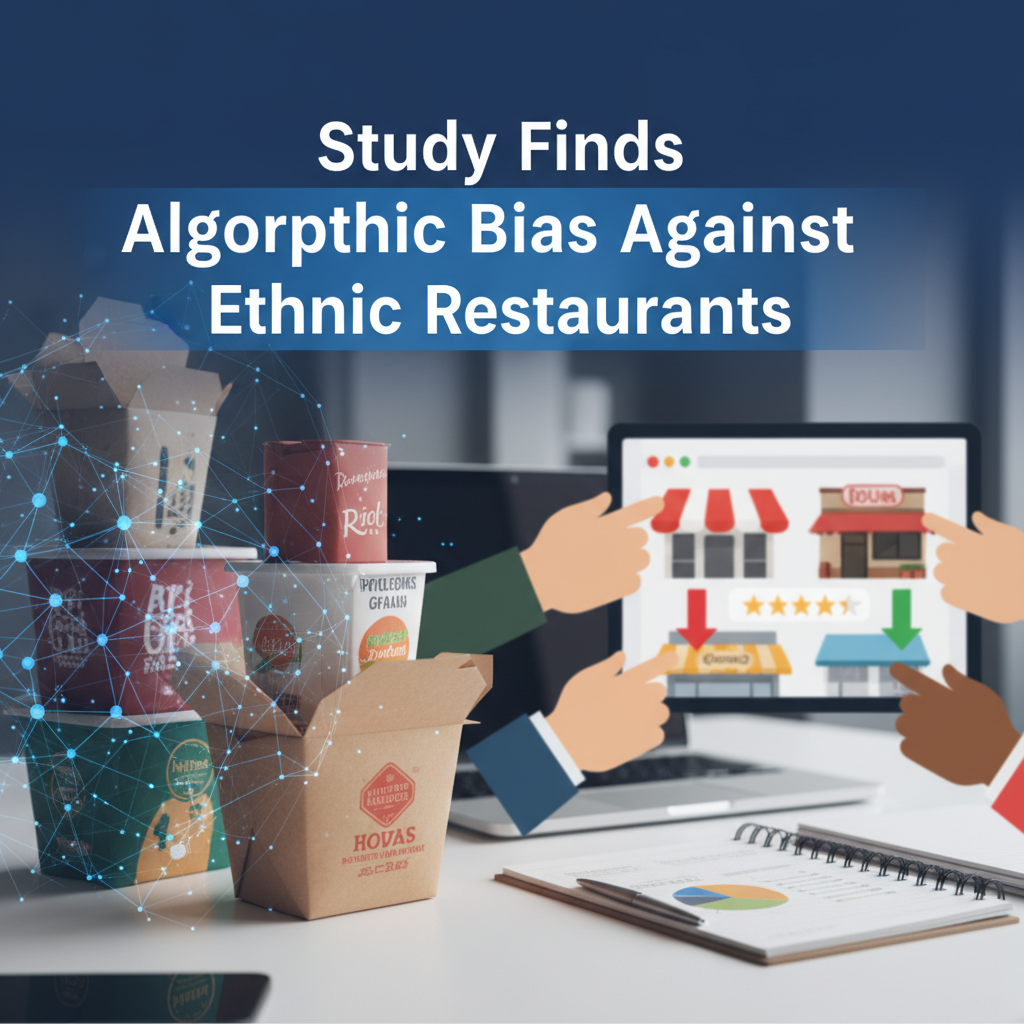 Professional blog header image for article titled: Study Finds Algorithmic Bias Against Ethnic Restaurants. High quality, relevant imagery, clean composition.