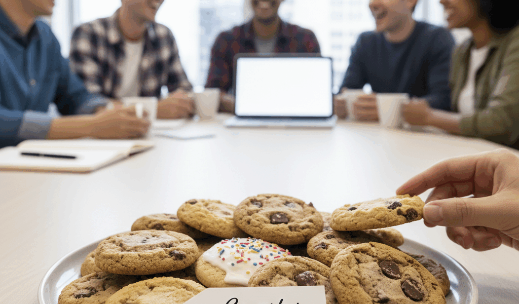 Professional blog header image for article titled: Coworker Brought Cookies. High quality, relevant 