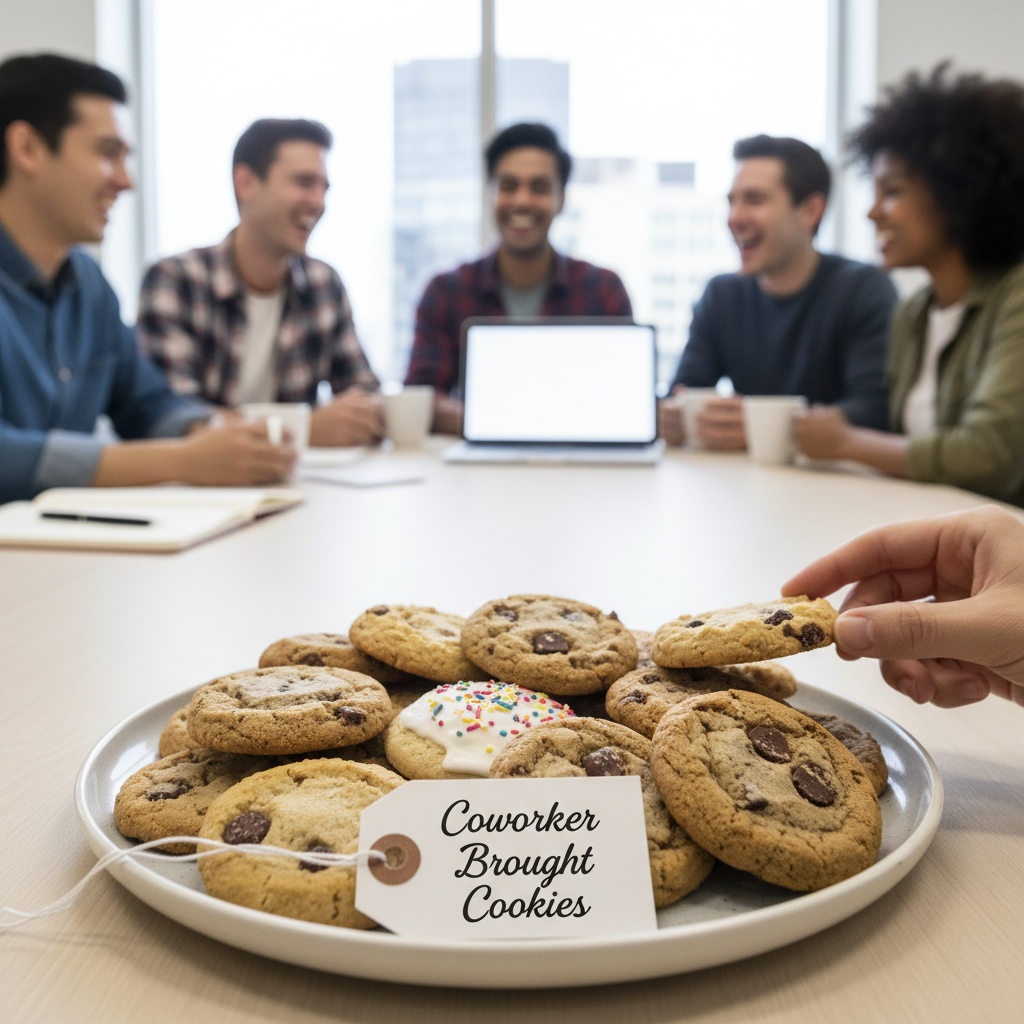 Professional blog header image for article titled: Coworker Brought Cookies. High quality, relevant imagery, clean composition.