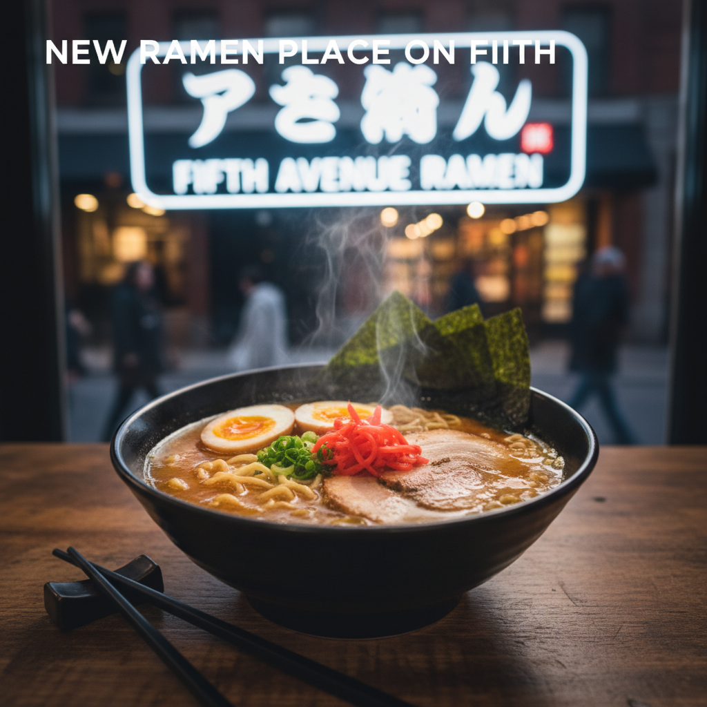 Professional blog header image for article titled: New Ramen Place on Fifth. High quality, relevant imagery, clean composition.