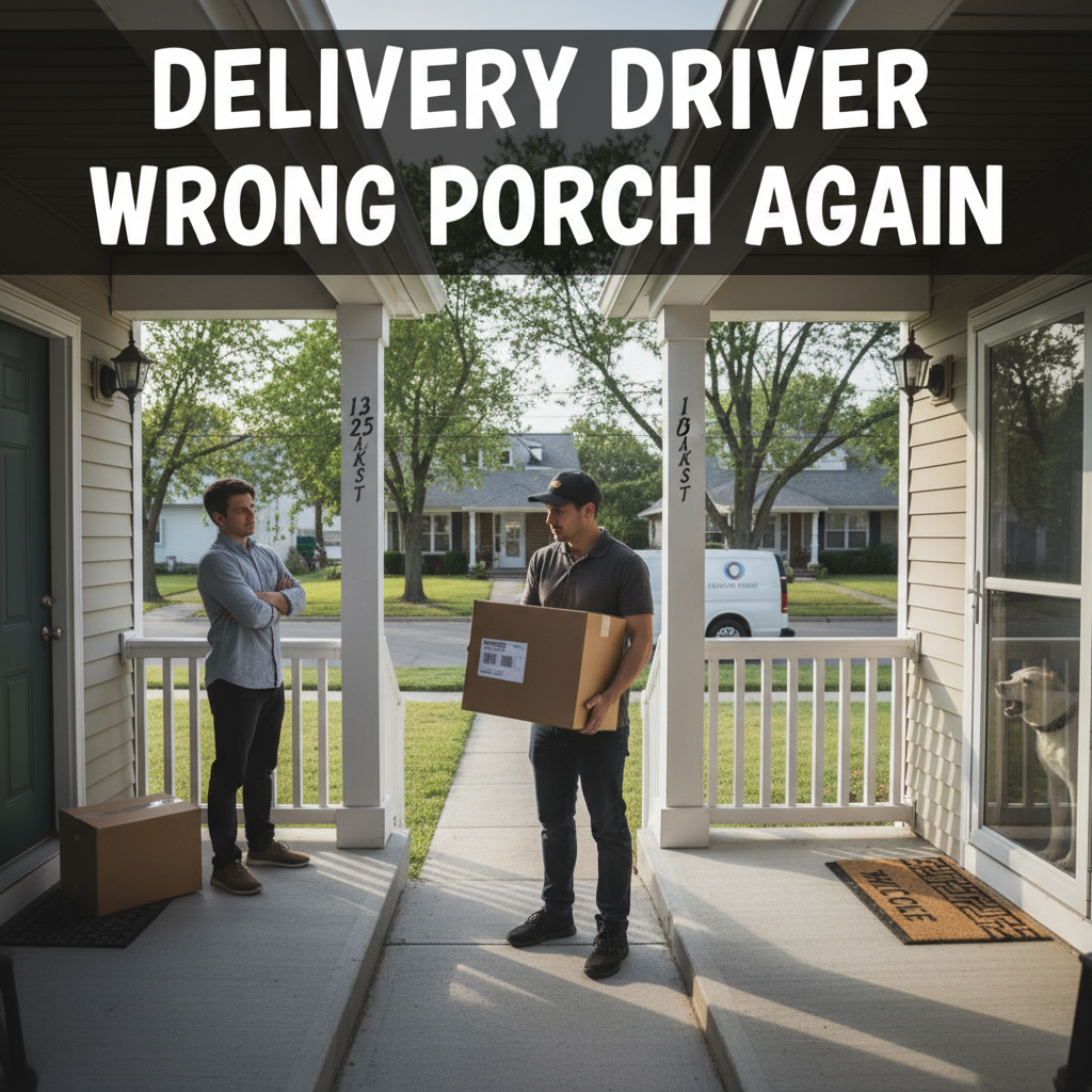 Professional blog header image for article titled: Delivery Driver Wrong Porch Again. High quality, relevant imagery, clean composition.