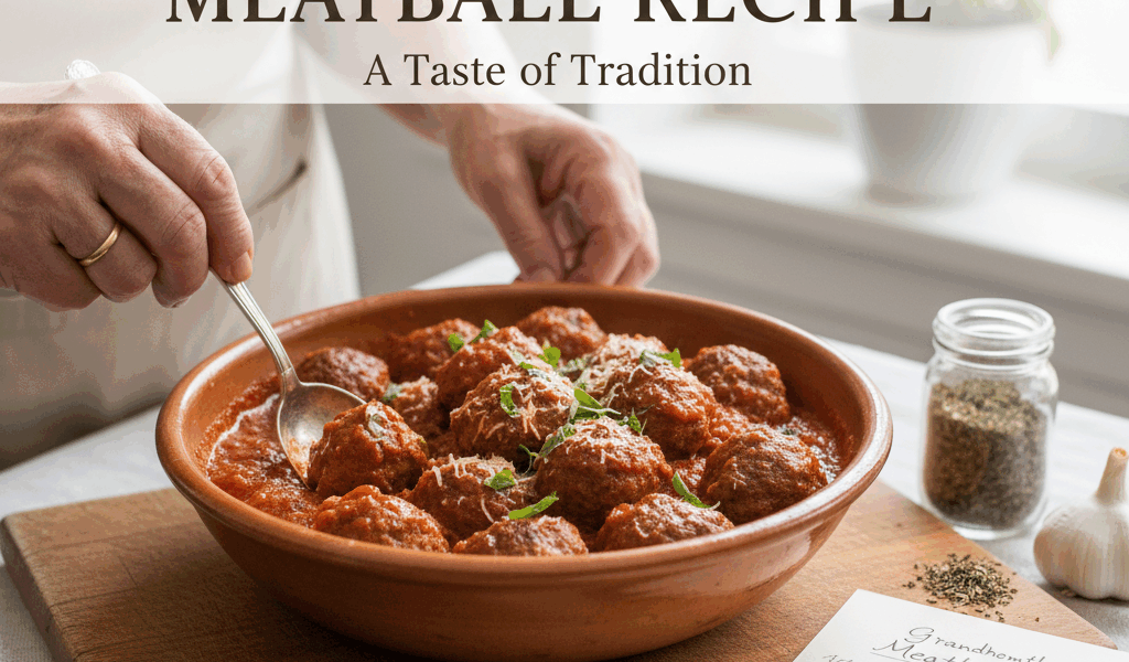 Professional blog header image for article titled: Grandmother Meatball Recipe. High quality, releva