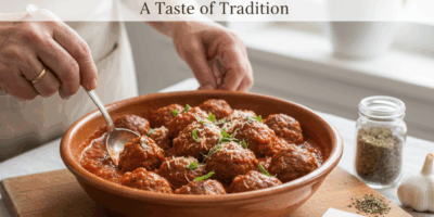 Professional blog header image for article titled: Grandmother Meatball Recipe. High quality, releva