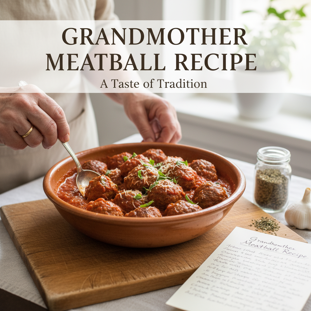 Professional blog header image for article titled: Grandmother Meatball Recipe. High quality, relevant imagery, clean composition.