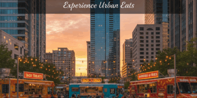 Professional blog header image for article titled: Food Truck Park Downtown. High quality, relevant