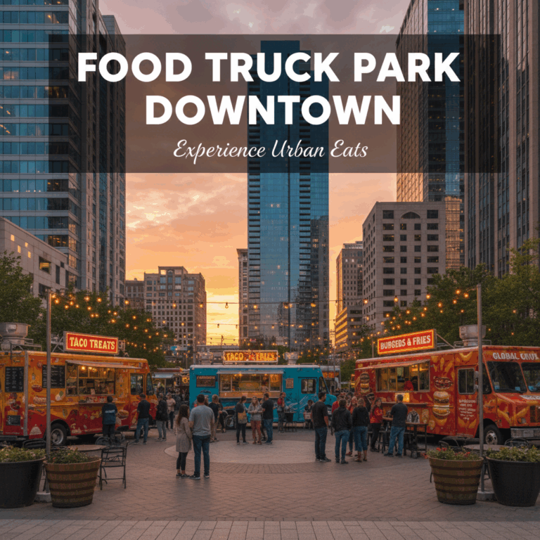 Professional blog header image for article titled: Food Truck Park Downtown. High quality, relevant